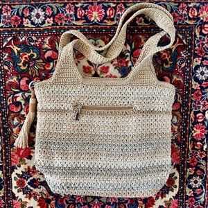 SOLD- Sak hobo shoulder bag, brown & gray crochet design⁠